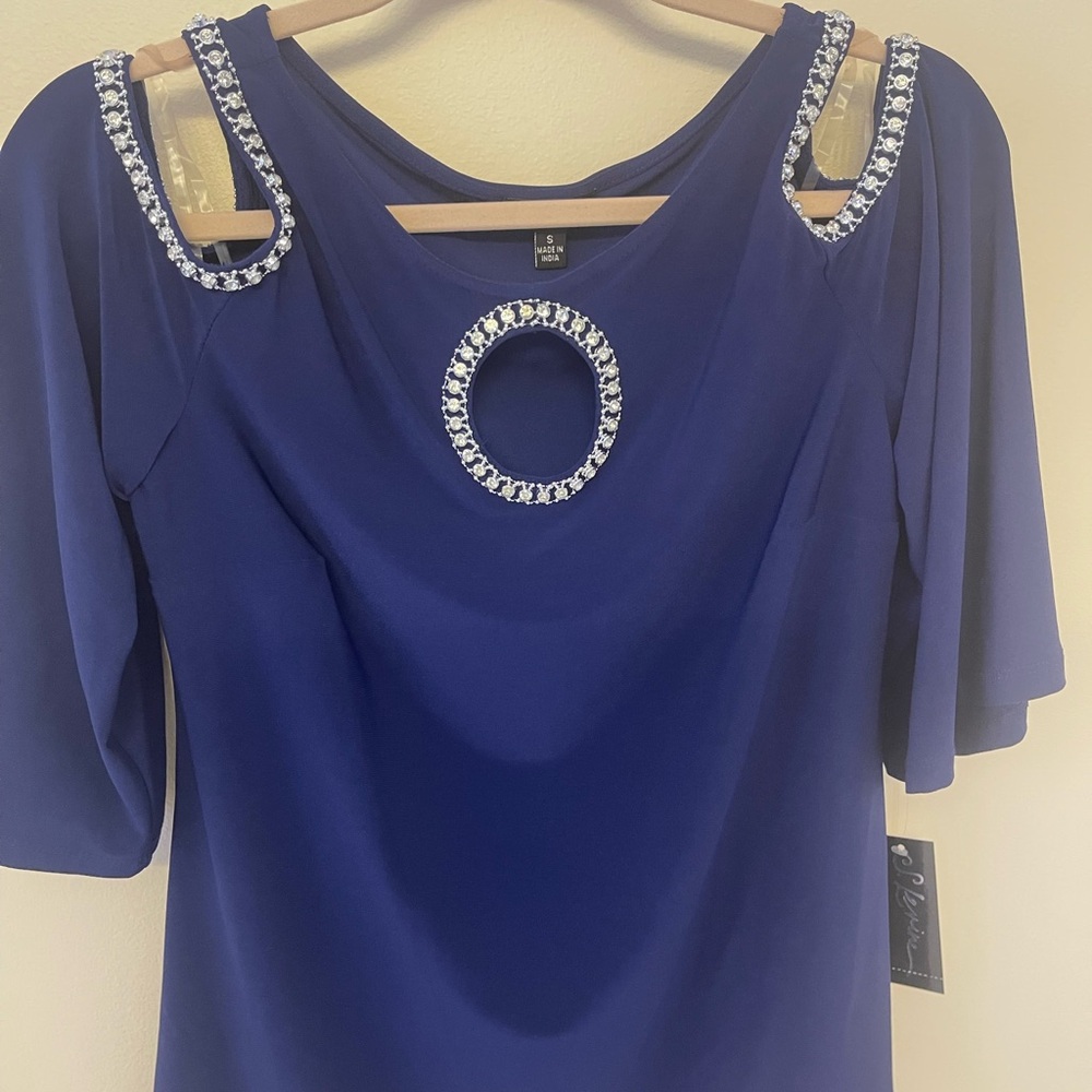 Elegant Blue Women's Top with Embellished Details